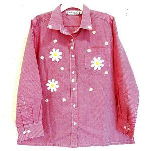 Sarah Bentley Shirt Womens Large Red Gingham Daisies Long Sleeve Button Up